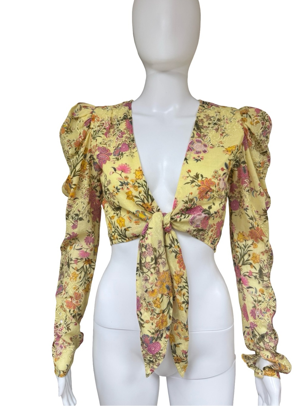 HEMANT & NANDITA Yellow Floral Tie-Front Puff Sleeve Blouse
